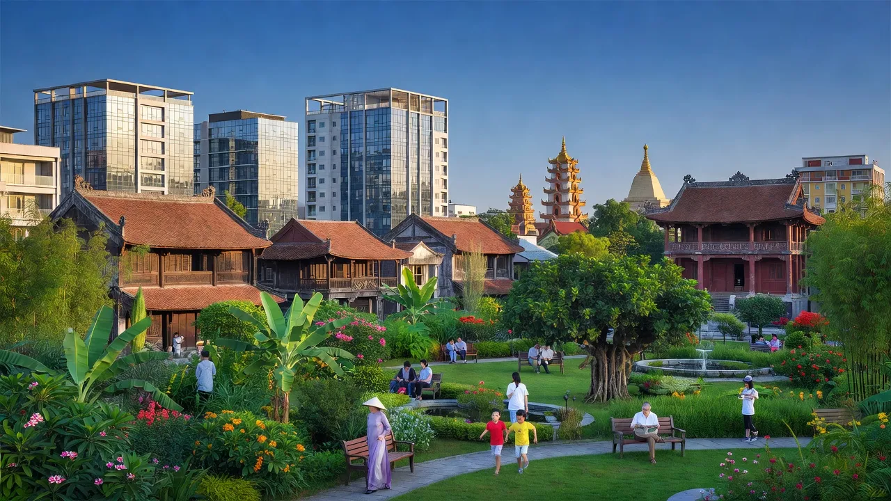 Khung cảnh yên bình tại phường Vân Dương, Bắc Ninh với nhà cửa, công viên và di tích văn hóa.