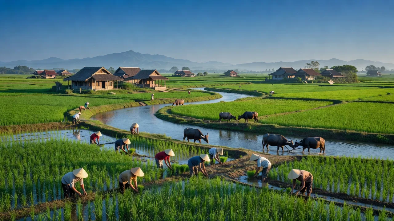 Cảnh quan huyện Gia Bình, Bắc Ninh với ruộng xanh và sông Đuống, thể hiện sinh hoạt nông thôn.