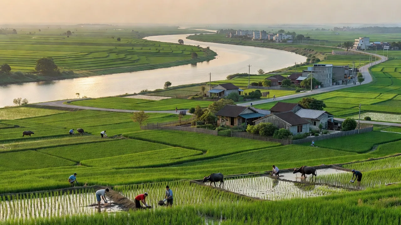 Huyện Gia Bình, Bắc Ninh với sông Đuống và cánh đồng xanh, thể hiện truyền thống nông nghiệp và đô thị.