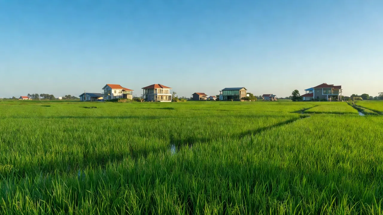 Cảnh quan xã Bình Dương, huyện Gia Bình, Bắc Ninh với đồng xanh và nhà hiện đại.