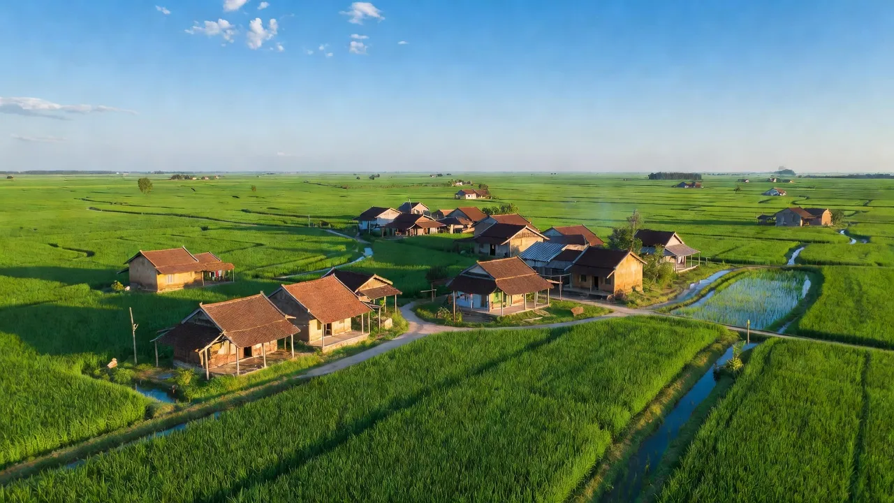 Cảnh quan xã Bình Dương, huyện Gia Bình, tỉnh Bắc Ninh với ruộng đồng xanh và nhà truyền thống.