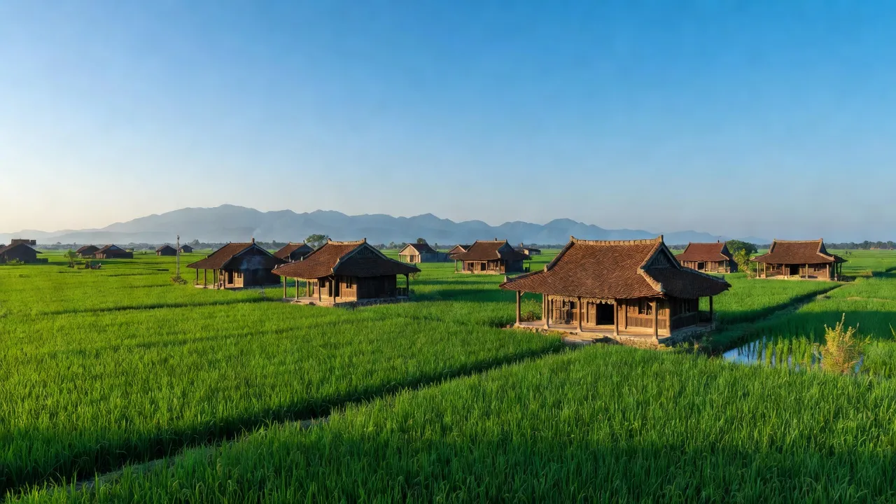 Cảnh sắc xã Cao Đức, huyện Gia Bình, tỉnh Bắc Ninh với cánh đồng xanh và nhà truyền thống.