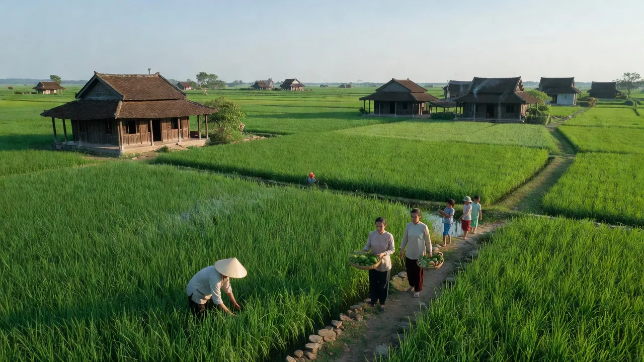 Cảnh đẹp Xã Đại Bái, Huyện Gia Bình, Bắc Ninh với cánh đồng và nhà truyền thống.