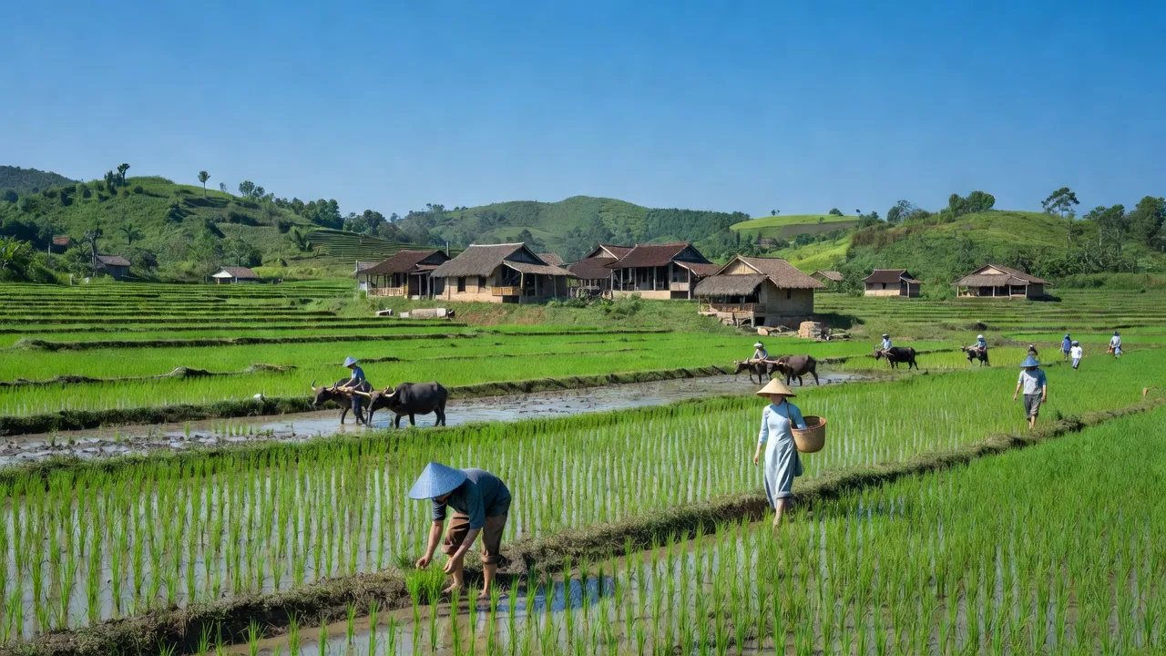 Khung cảnh làng Đại Bái, huyện Gia Bình, Bắc Ninh với đồng ruộng xanh tươi và nhà truyền thống.