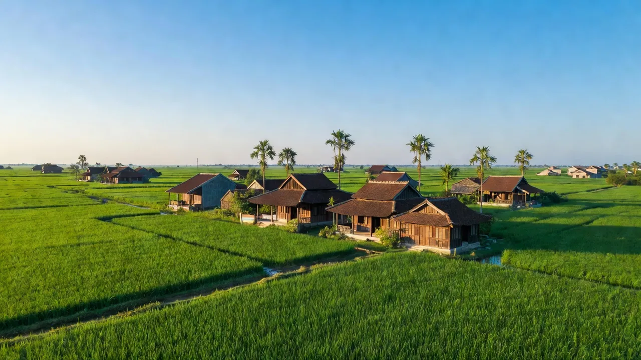 Cảnh quan xanh tươi của xã Đại Lai, huyện Gia Bình, tỉnh Bắc Ninh, với nhà truyền thống và cánh đồng lúa.