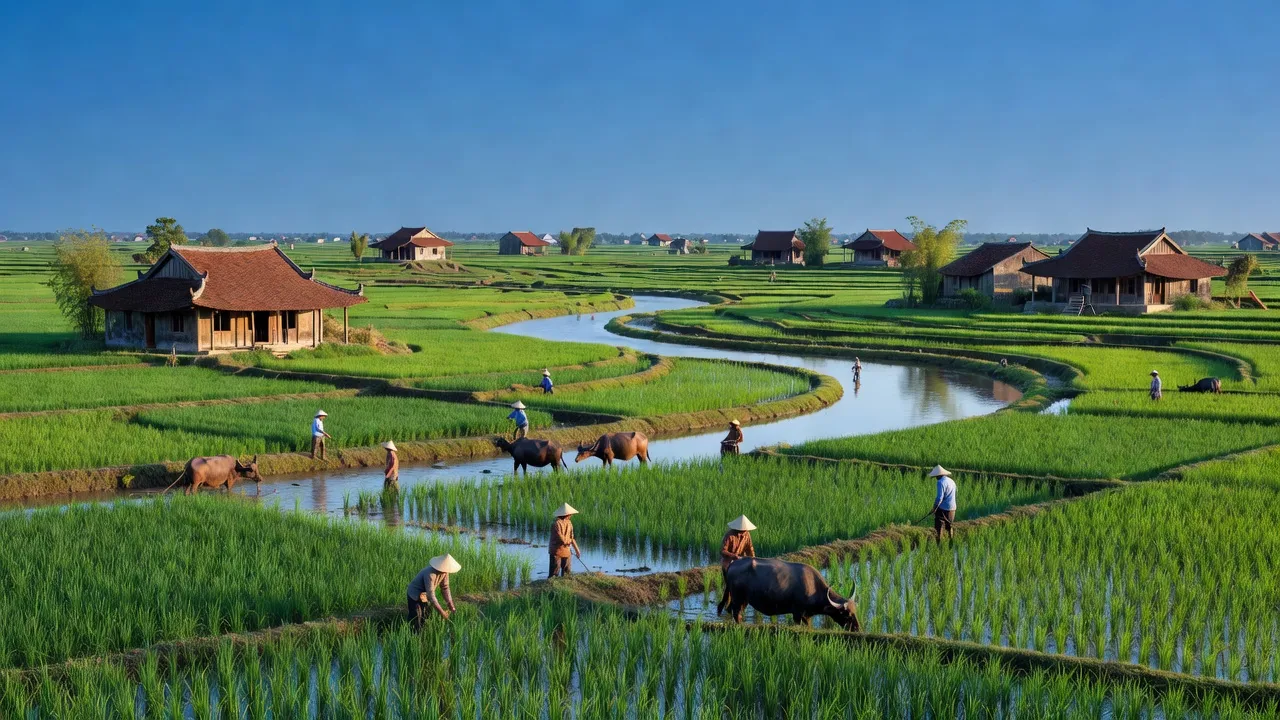 Cảnh quan Đông Cứu, huyện Gia Bình, Bắc Ninh với ruộng lúa và nhà truyền thống.