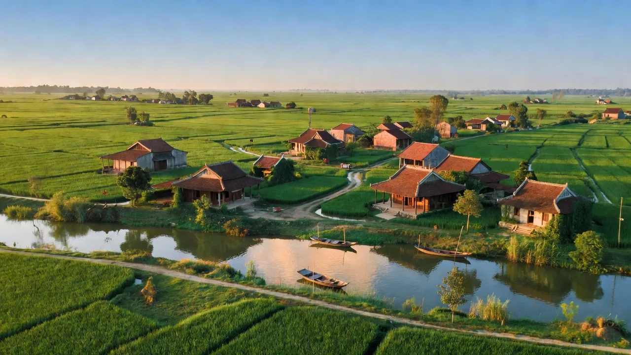 Thị trấn Gia Bình, tỉnh Bắc Ninh với cảnh đồng xanh, dòng sông Đuống và hoạt động thương mại địa phương.