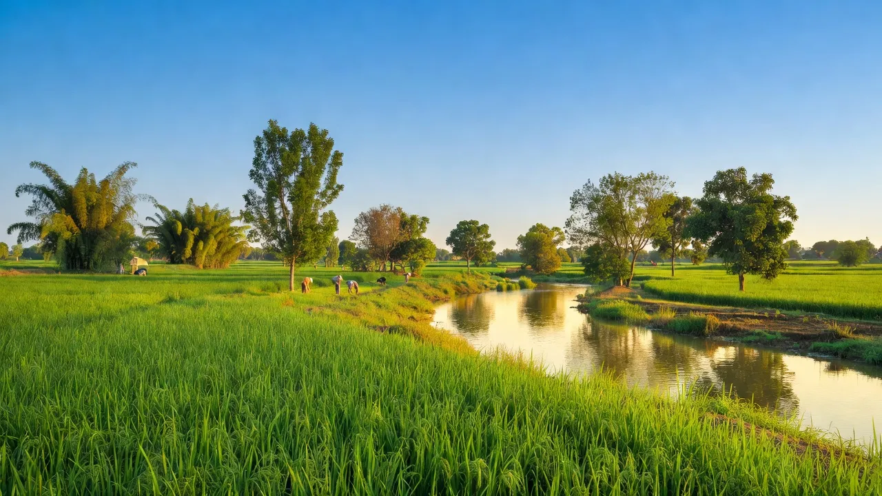Cảnh đồng xanh tươi xã Giang Sơn, huyện Gia Bình, tỉnh Bắc Ninh bên dòng sông Đuống.