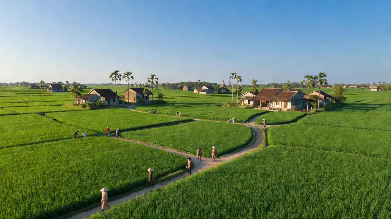 Cảnh đồng ruộng xanh tươi và làng mạc tại xã Lãng Ngâm, huyện Gia Bình, Bắc Ninh.