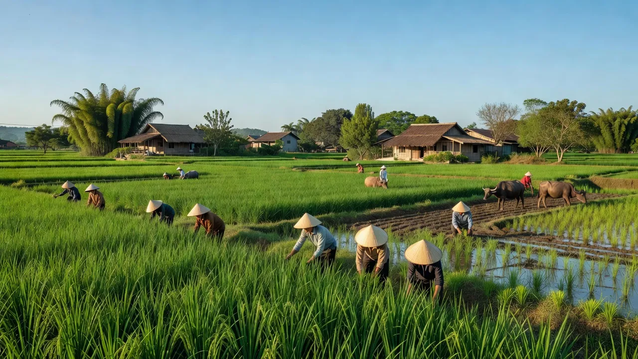 Cảnh quan yên bình xã Lãng Ngâm huyện Gia Bình, Bắc Ninh với ruộng lúa xanh tươi.