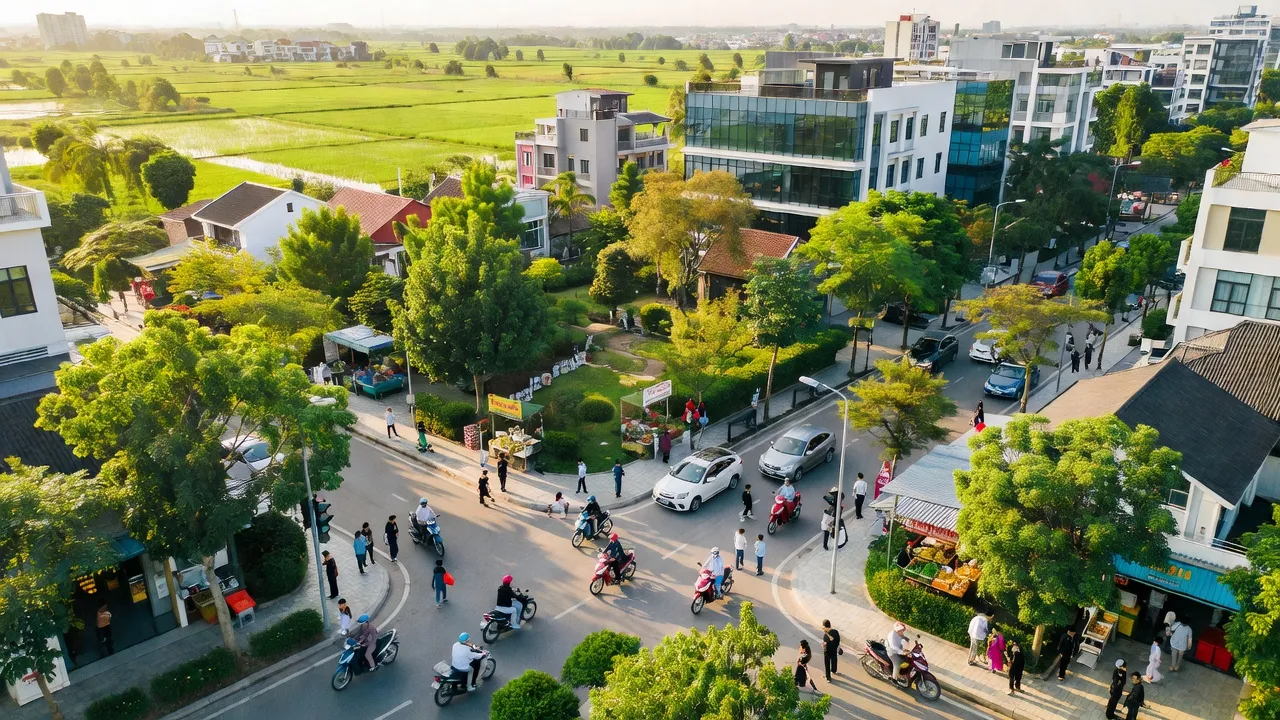 Khung cảnh thị trấn Nhân Thắng ở huyện Gia Bình, Bắc Ninh với cuộc sống sôi động và cây xanh.