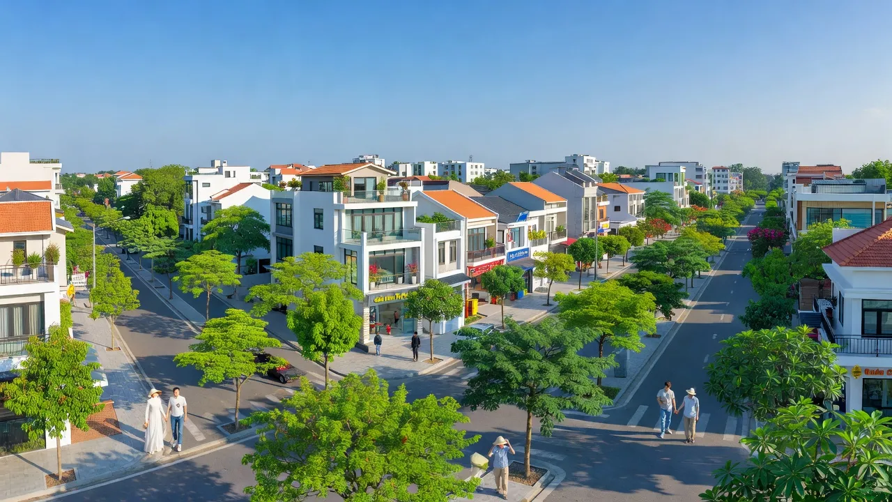 Thị trấn Nhân Thắng xanh tươi, huyện Gia Bình, Bắc Ninh, với khu dân cư và cây xanh.
