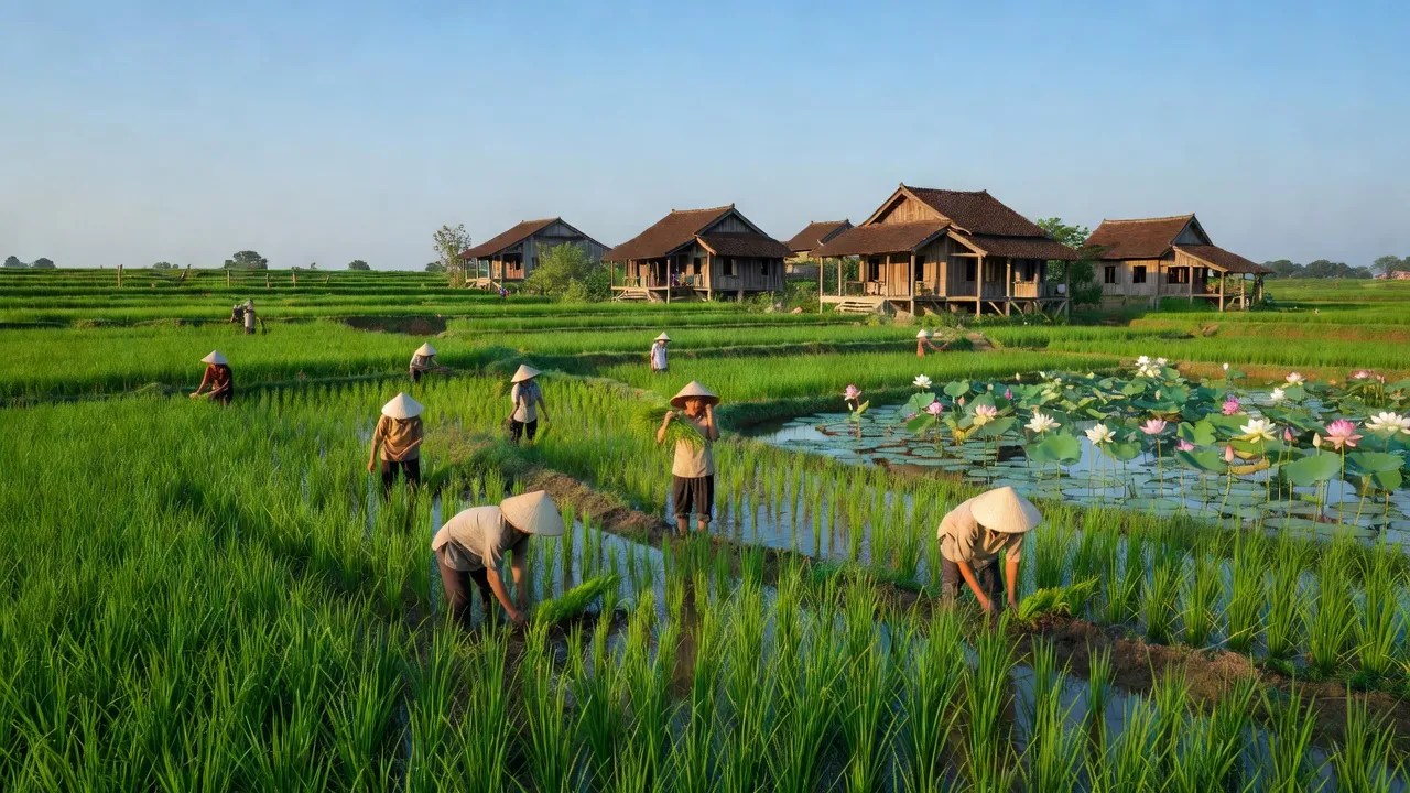 Cảnh đẹp xã Song Giang, huyện Gia Bình, tỉnh Bắc Ninh với đồng lúa và nhà truyền thống.
