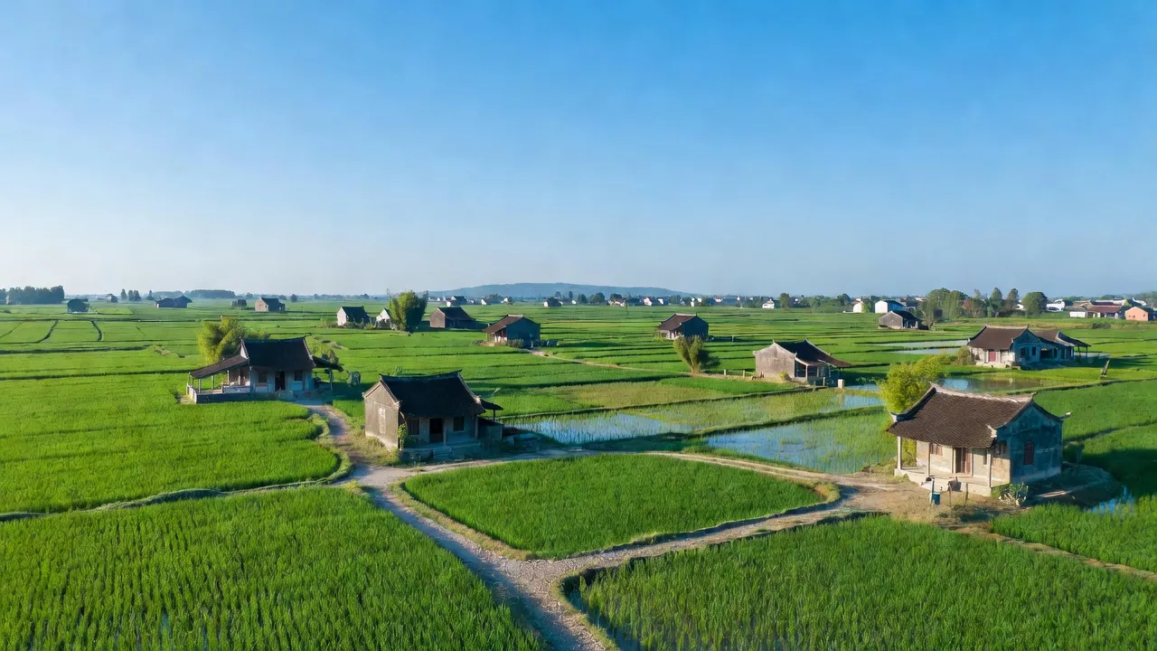 Cảnh đồng xanh và nhà truyền thống tại xã Song Giang, huyện Gia Bình, Bắc Ninh, Việt Nam.
