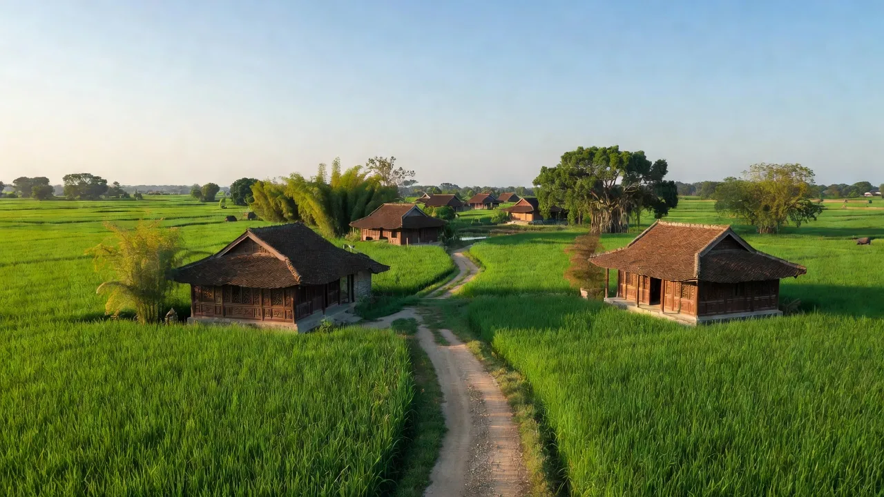 Khung cảnh xã Vạn Ninh, huyện Gia Bình, Bắc Ninh với cánh đồng xanh và nhà truyền thống.