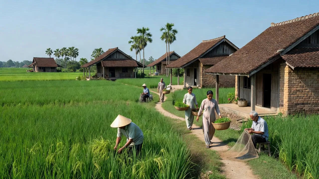 Khung cảnh xã Vạn Ninh thuộc huyện Gia Bình, Bắc Ninh với kiến trúc truyền thống và cánh đồng xanh.