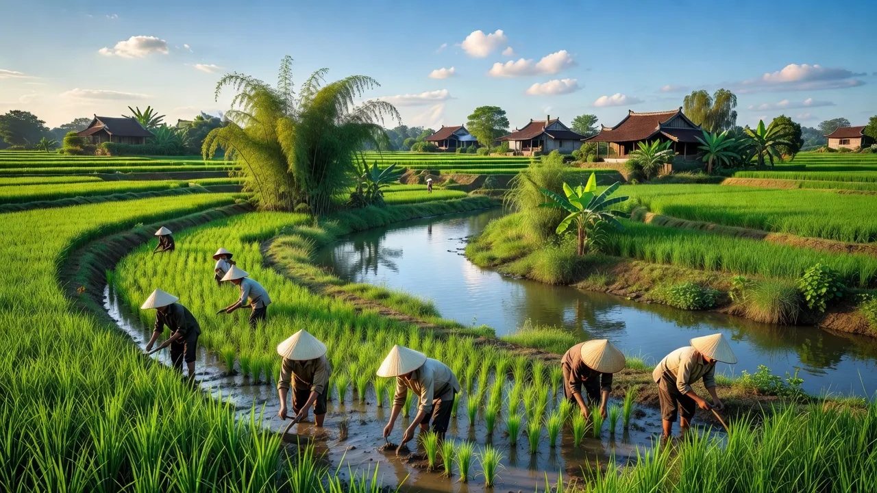 Cảnh đồng xanh Lương Tài, Bắc Ninh với ruộng lúa và nông dân, phong cảnh nông nghiệp Việt Nam.