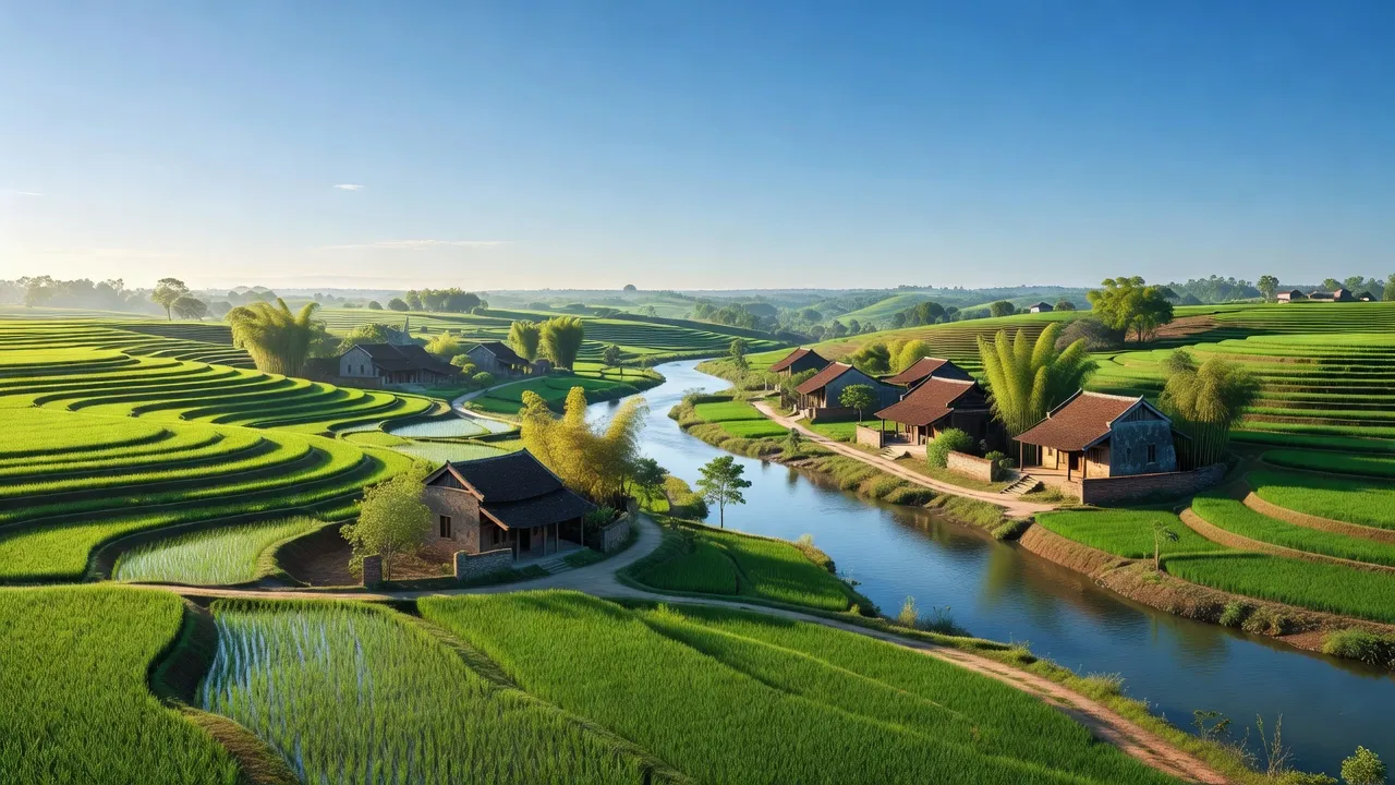 Cảnh quan huyện Lương Tài, tỉnh Bắc Ninh với cánh đồng xanh và ngôi làng truyền thống.
