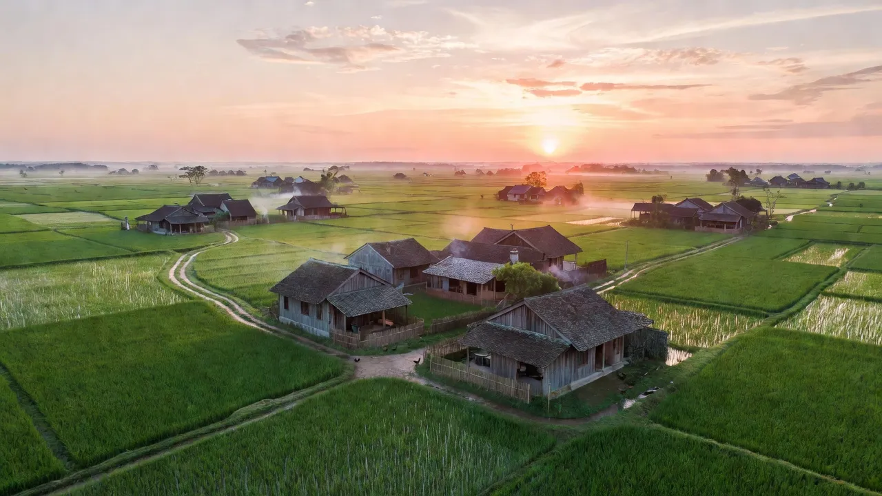 Khung cảnh làng An Tập, huyện Lương Tài với cánh đồng xanh và nhà truyền thống Việt Nam.