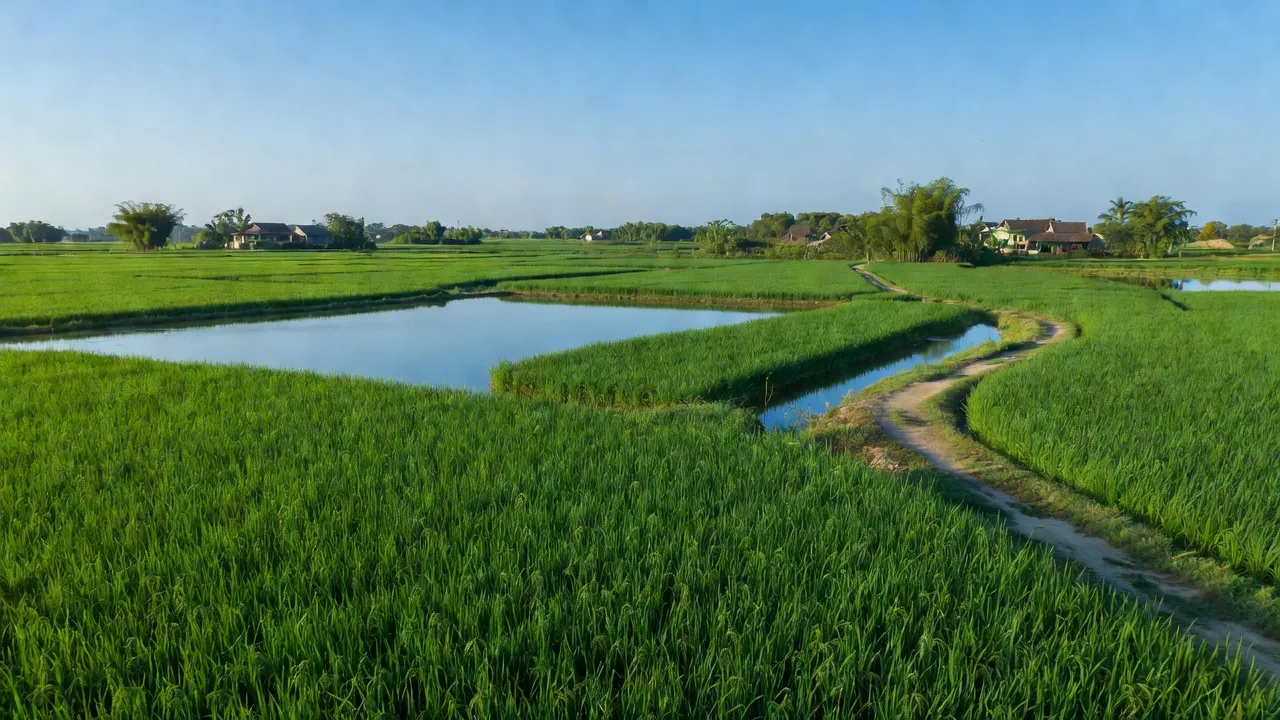 Cảnh đẹp xã An Thịnh, huyện Lương Tài, Bắc Ninh với ruộng lúa và hồ nước yên bình.