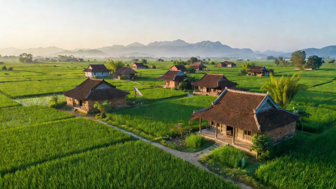 Khung cảnh xã Bình Định, huyện Lương Tài, tỉnh Bắc Ninh với đồng xanh và nhà truyền thống.