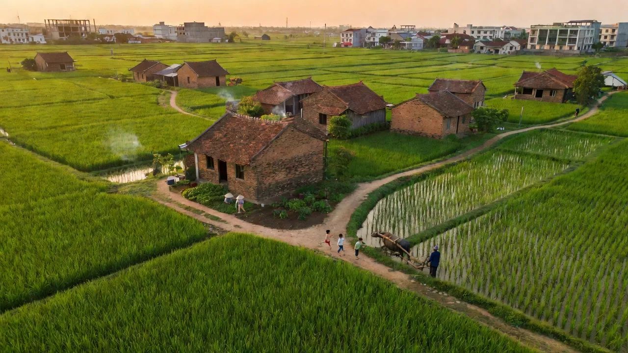 Cảnh đẹp xã Lâm Thao huyện Lương Tài tỉnh Bắc Ninh với cánh đồng xanh tươi và nhà cửa truyền thống.