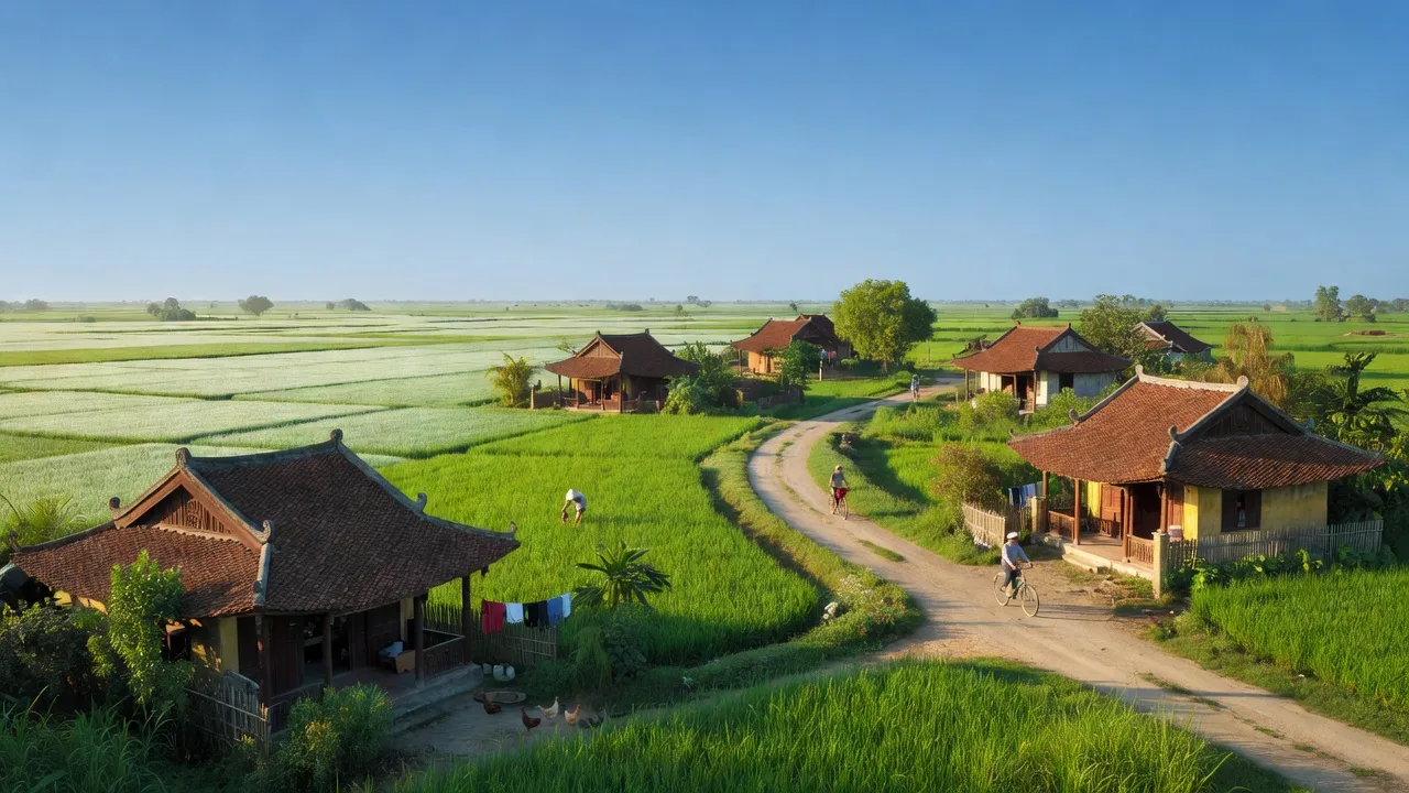Cảnh đẹp xã Phú Hòa, huyện Lương Tài, tỉnh Bắc Ninh với cánh đồng và nhà truyền thống.