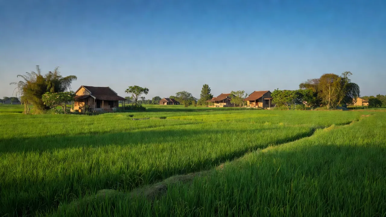 Khung cảnh yên bình tại xã Phú Lương, huyện Lương Tài, tỉnh Bắc Ninh với đồng quê xanh và nhà truyền thống.