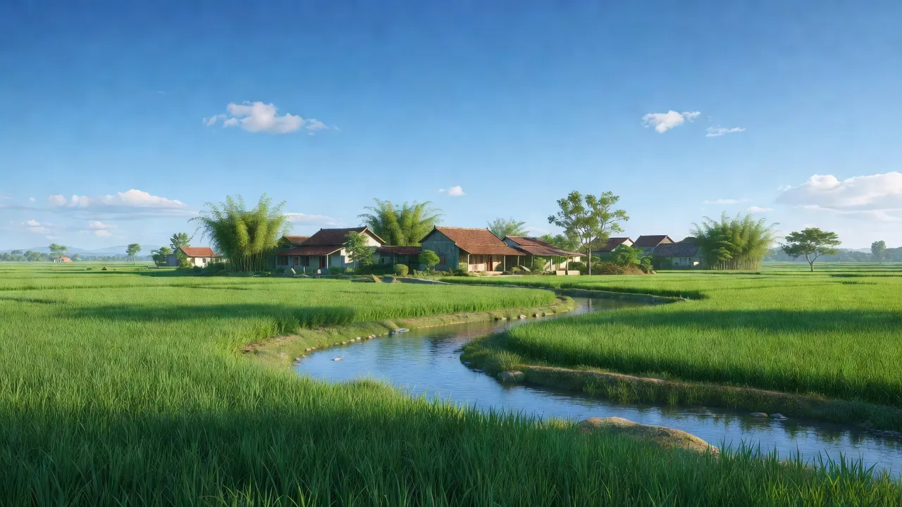 Cảnh đẹp xã Quang Minh, huyện Lương Tài, Bắc Ninh với đồng cỏ xanh và bầu trời trong sáng.