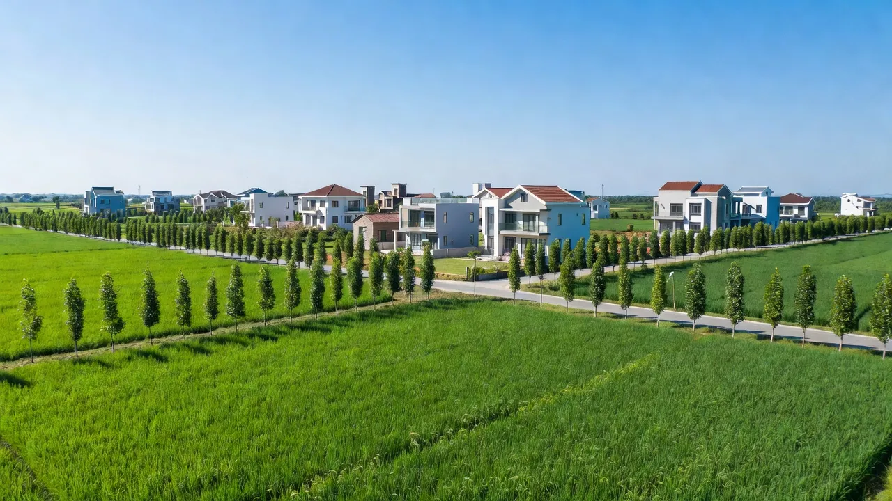 Khung cảnh nông thôn hiện đại tại xã Quảng Phú, huyện Lương Tài, Bắc Ninh với cánh đồng và ánh sáng mặt trời.