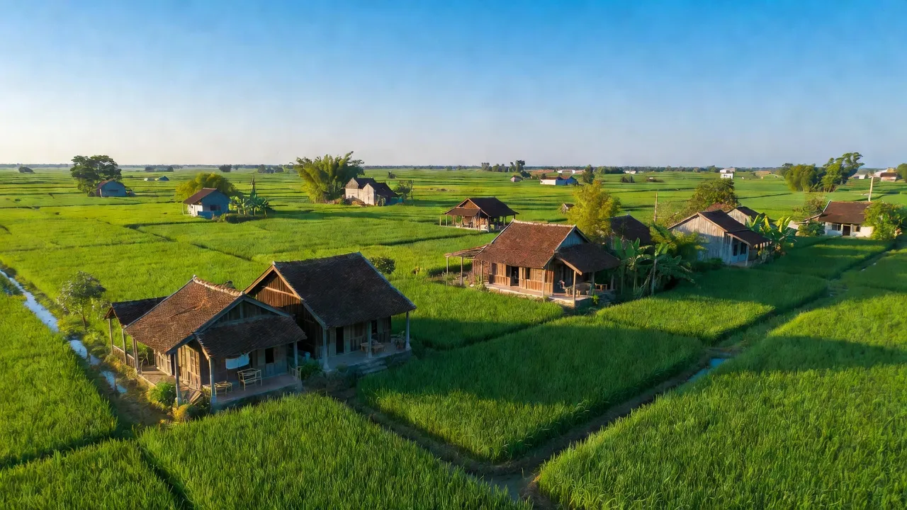 Cảnh nông thôn xã Tân Lãng, huyện Lương Tài, Bắc Ninh với cánh đồng xanh và nhà ở truyền thống.