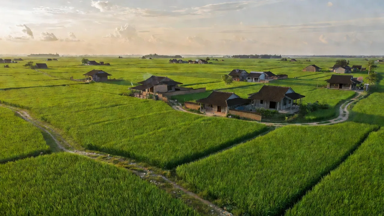 Cảnh sắc nông thôn xã Tân Lãng, huyện Lương Tài, Bắc Ninh, cánh đồng xanh, ánh sáng mặt trời.