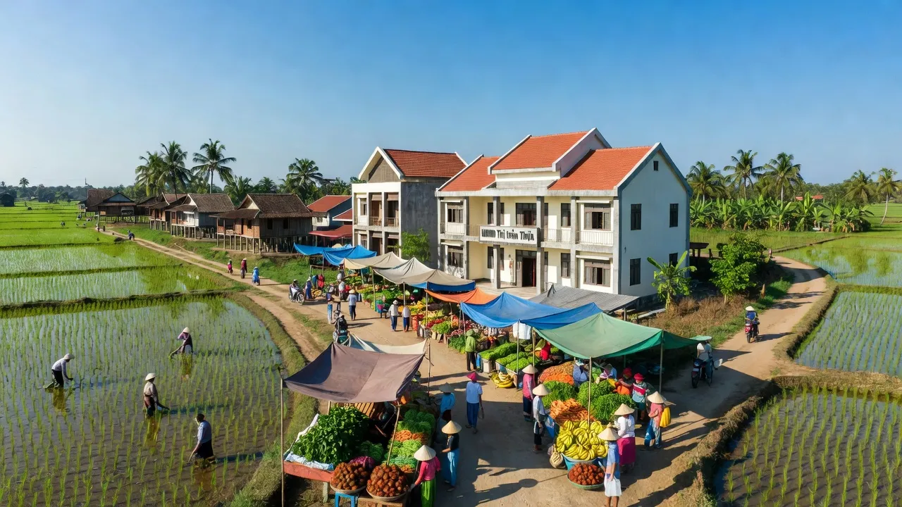 Khung cảnh Thị trấn Thứa, huyện Lương Tài, Bắc Ninh với các công sở và chợ địa phương.