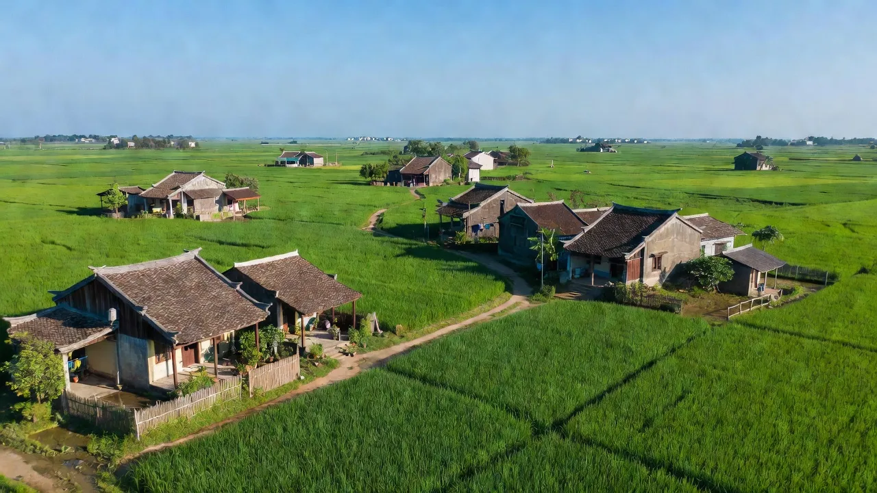 Khung cảnh làng quê xã Trung Chính, huyện Lương Tài, Bắc Ninh với cánh đồng xanh mướt và nhà truyền thống.