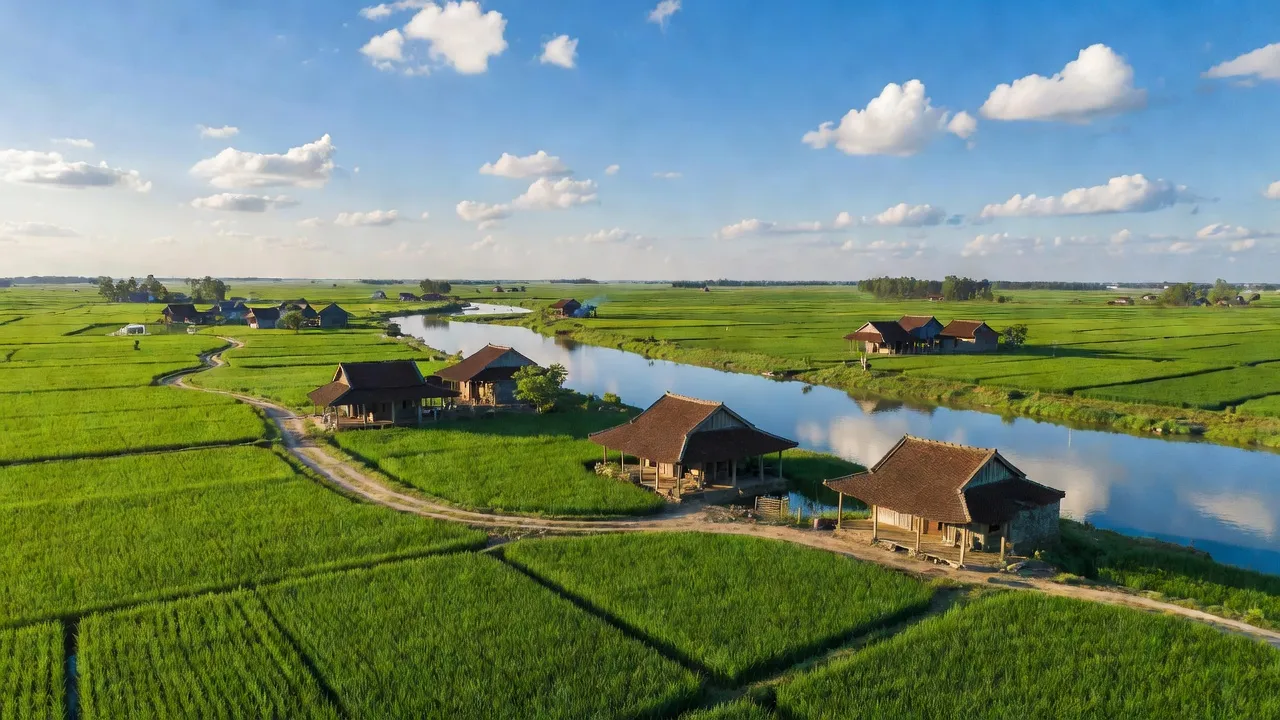 Cảnh quan Xã Trung Kênh, Huyện Lương Tài, Bắc Ninh với cánh đồng xanh và nhà truyền thống.
