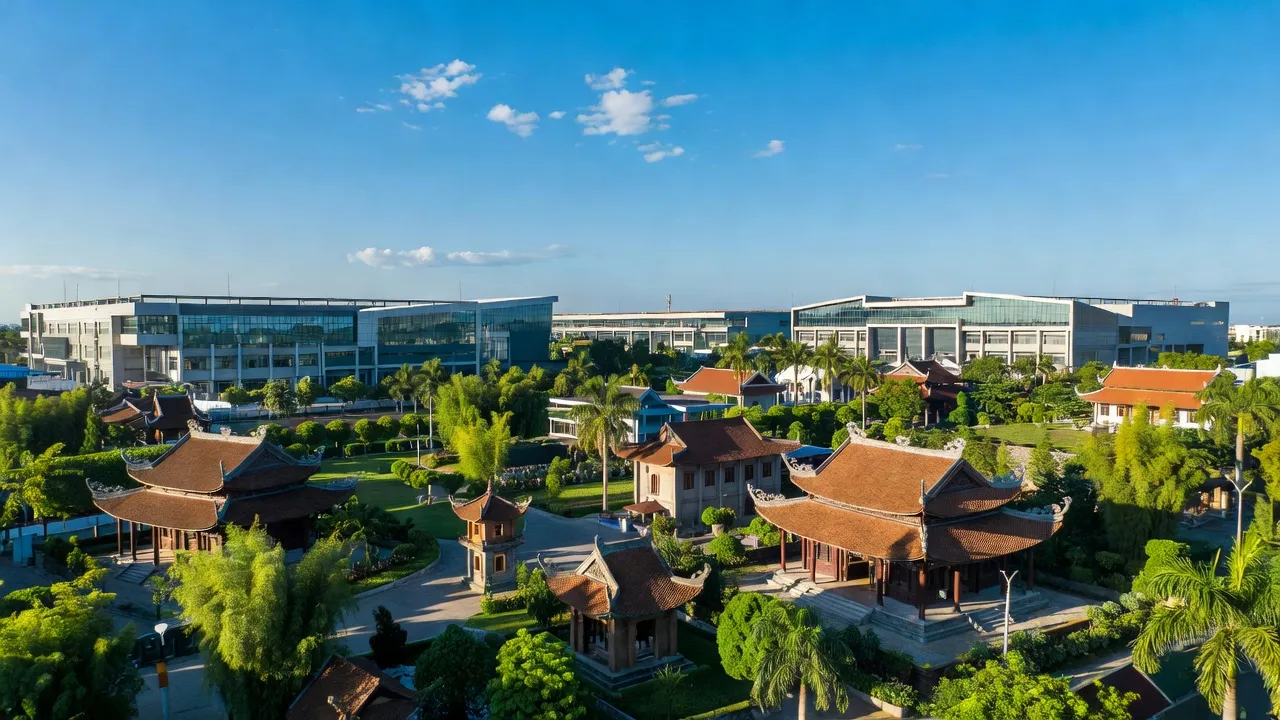 Quế Võ, Bắc Ninh: modern industrial areas and traditional architecture under blue sky.
