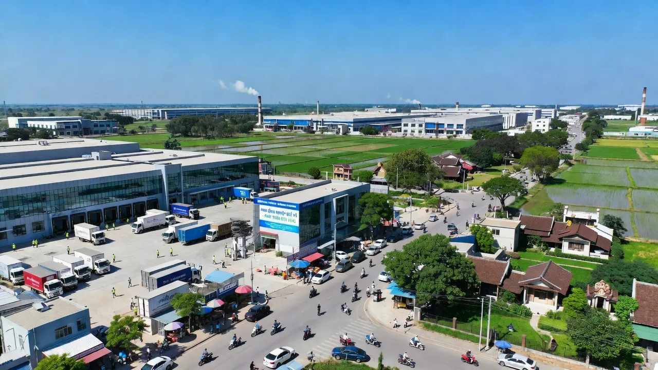 Thị xã Quế Võ, Bắc Ninh, với cảnh quan công nghiệp và thiên nhiên, thể hiện sự phát triển đô thị.
