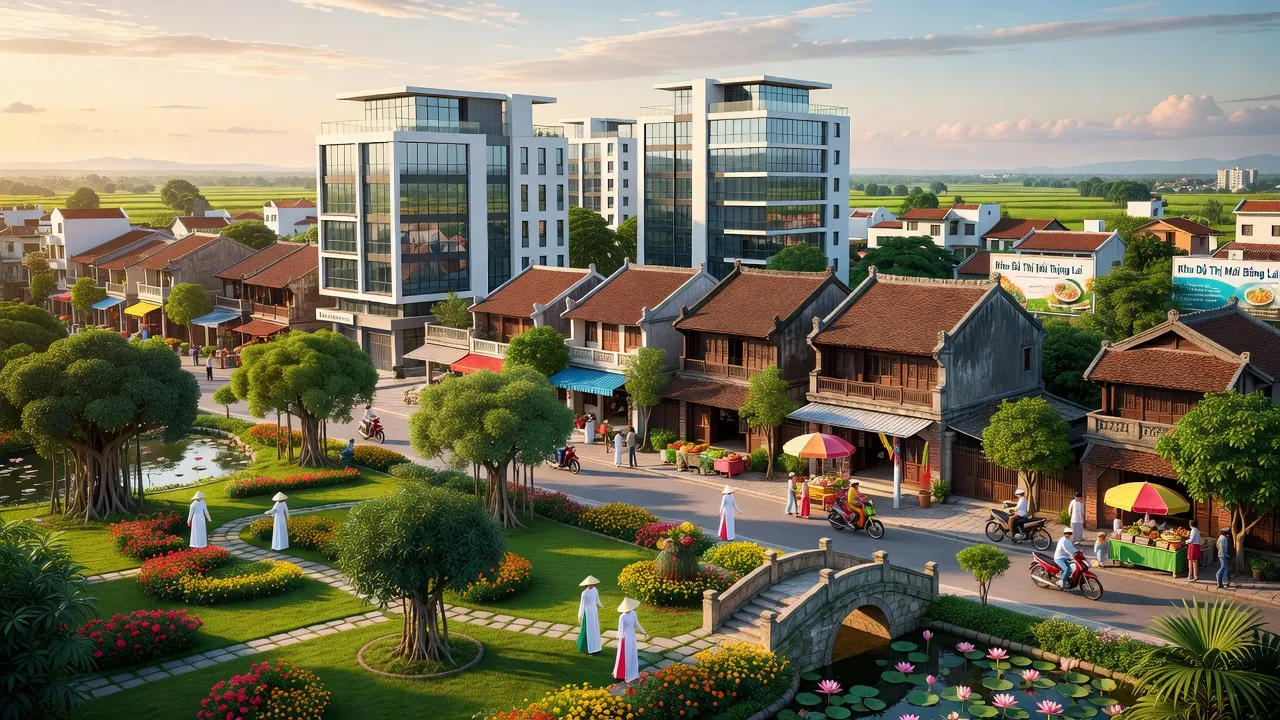Phường Bồng Lai, Quế Võ, Bắc Ninh với cảnh quan đô thị hóa, kiến trúc truyền thống và không gian xanh.