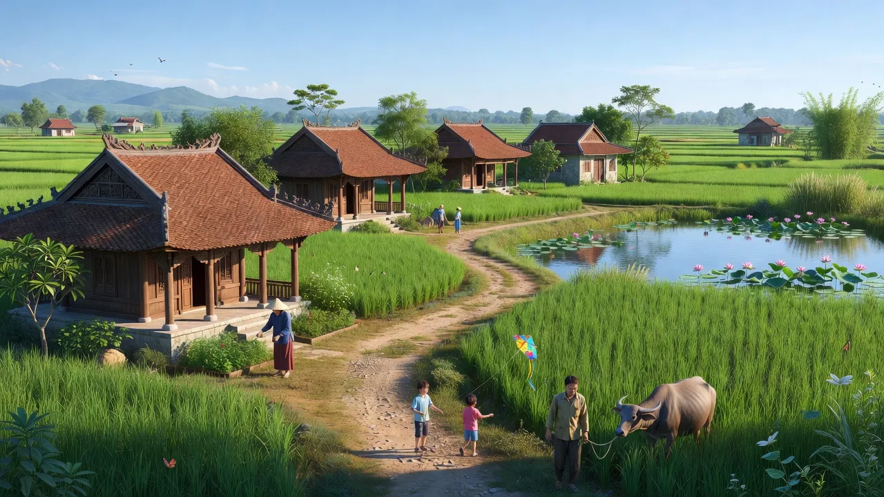 Khung cảnh bình yên tại Phường Cách Bi, Thị xã Quế Võ, Bắc Ninh với kiến trúc truyền thống và cánh đồng xanh.