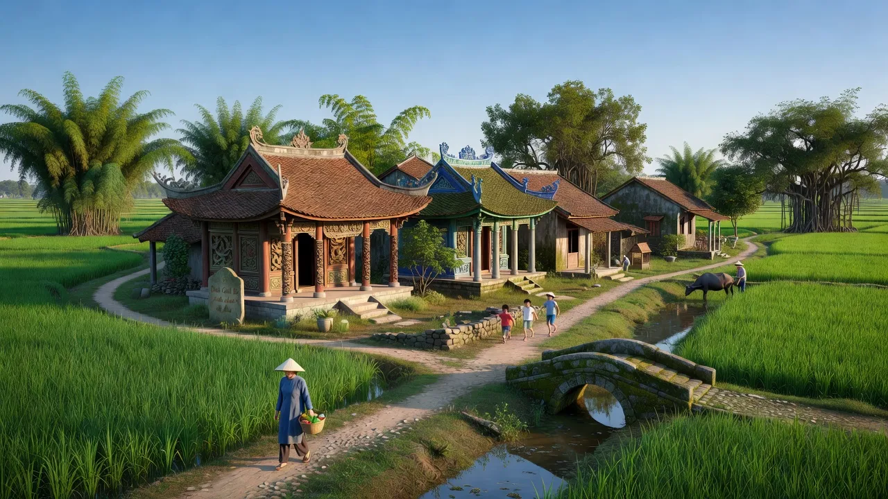 Toàn cảnh Phường Cách Bi, Thị xã Quế Võ với kiến trúc truyền thống và phong cảnh xanh tươi.