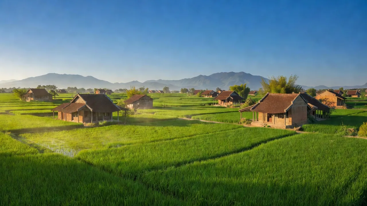 Toàn cảnh xã Châu Phong, Thị xã Quế Võ, Bắc Ninh với đồng xanh và nhà truyền thống.