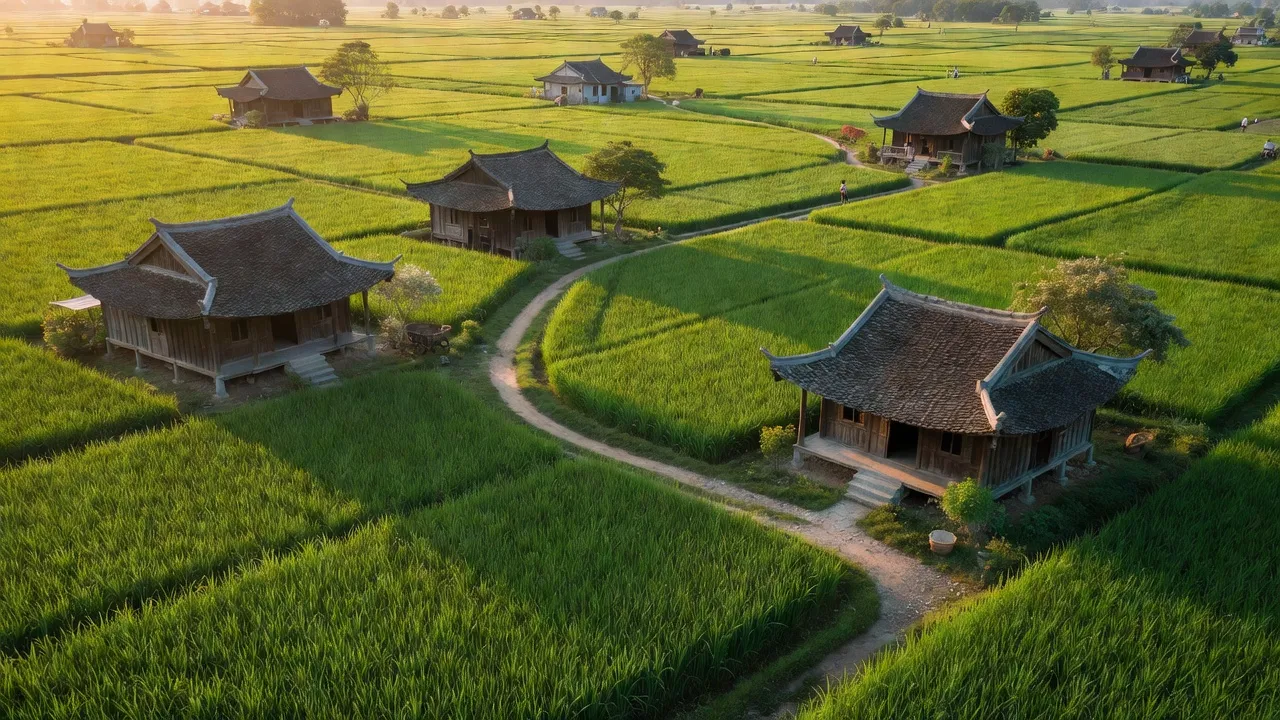 Cảnh quan xã Chi Lăng, Thị xã Quế Võ, tỉnh Bắc Ninh với cánh đồng và nhà truyền thống.