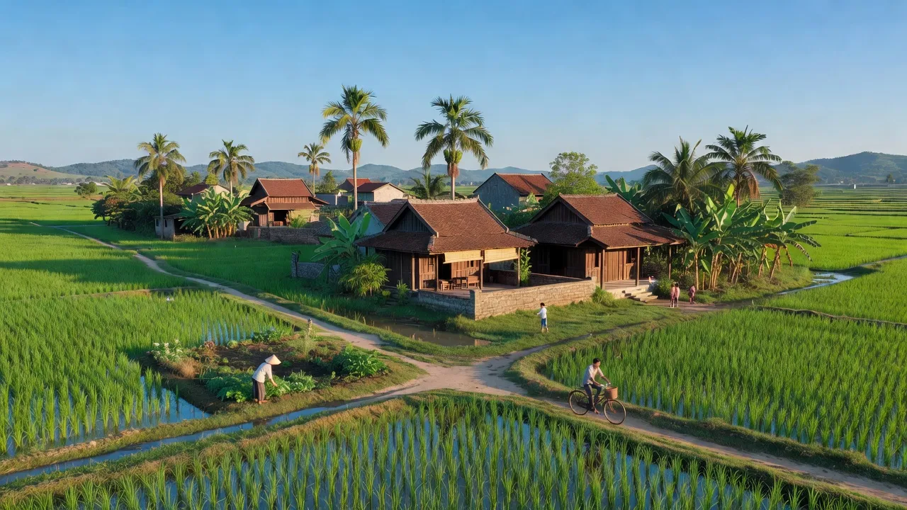 Phường Đại Xuân, Thị xã Quế Võ, Tỉnh Bắc Ninh với cánh đồng xanh và kiến trúc địa phương.