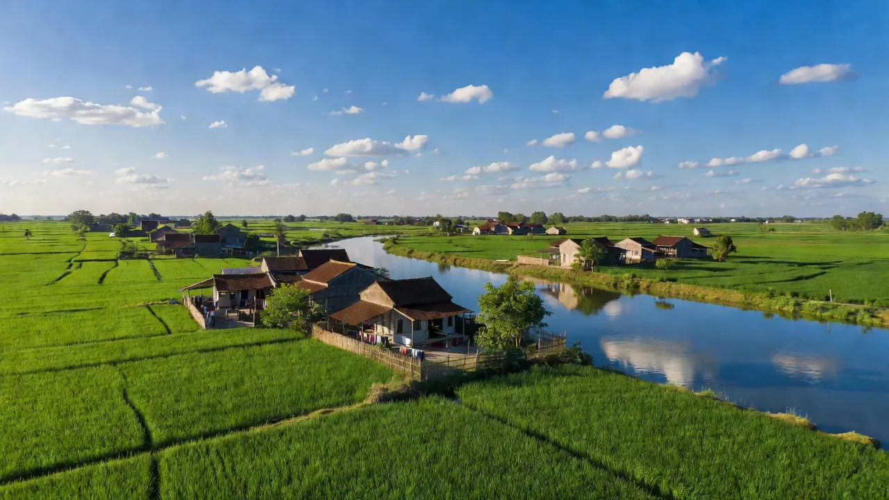 Khung cảnh thiên nhiên tại Xã Đào Viên, Thị xã Quế Võ, Bắc Ninh với sông Đuống và cánh đồng xanh.