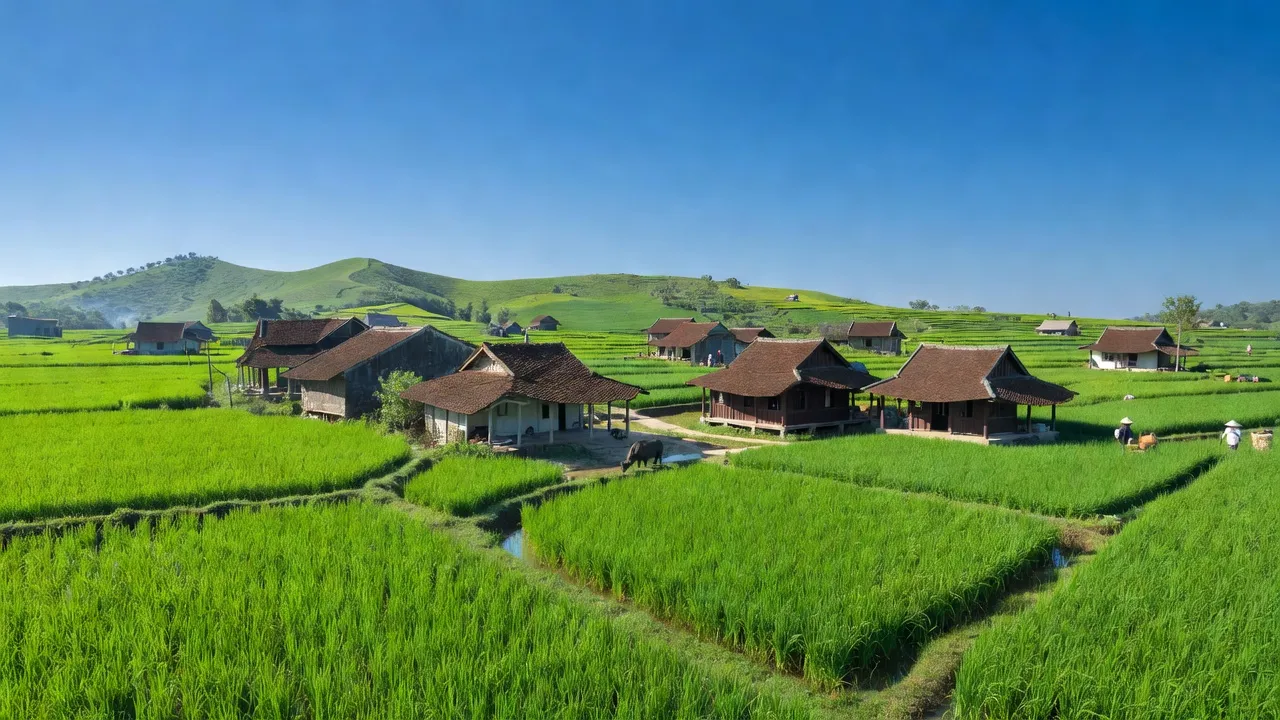 Cảnh đẹp xã Đức Long, thị xã Quế Võ, Bắc Ninh với cánh đồng xanh và nhà truyền thống.
