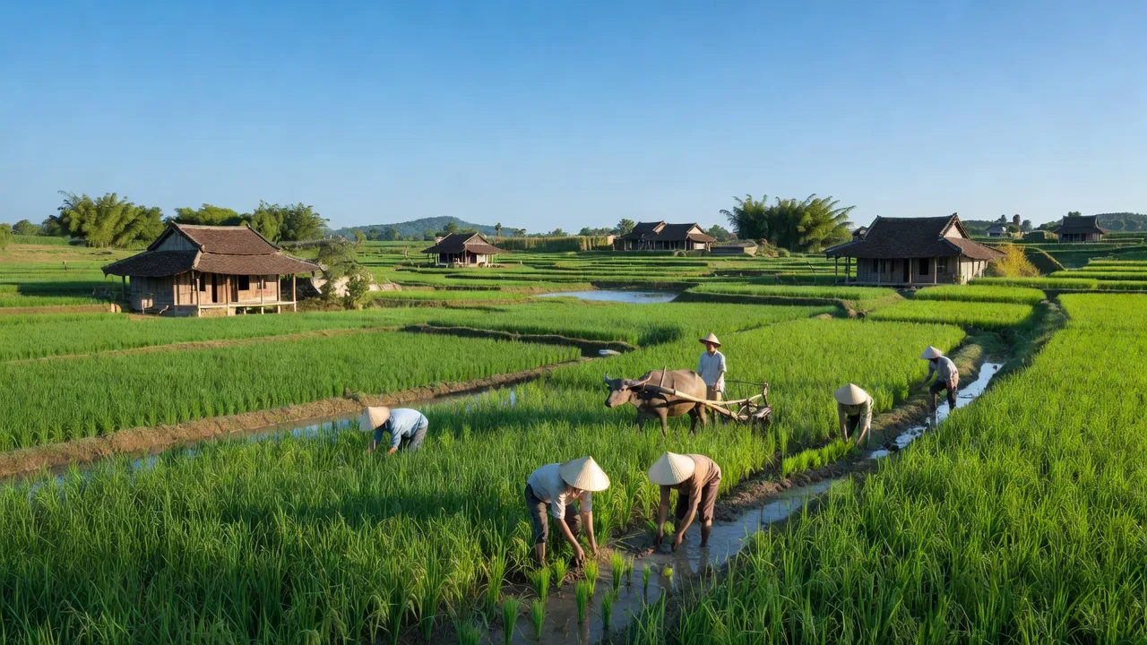 Cảnh sắc Xã Mộ Đạo, Thị xã Quế Võ, Bắc Ninh với cánh đồng xanh và nhà truyền thống.