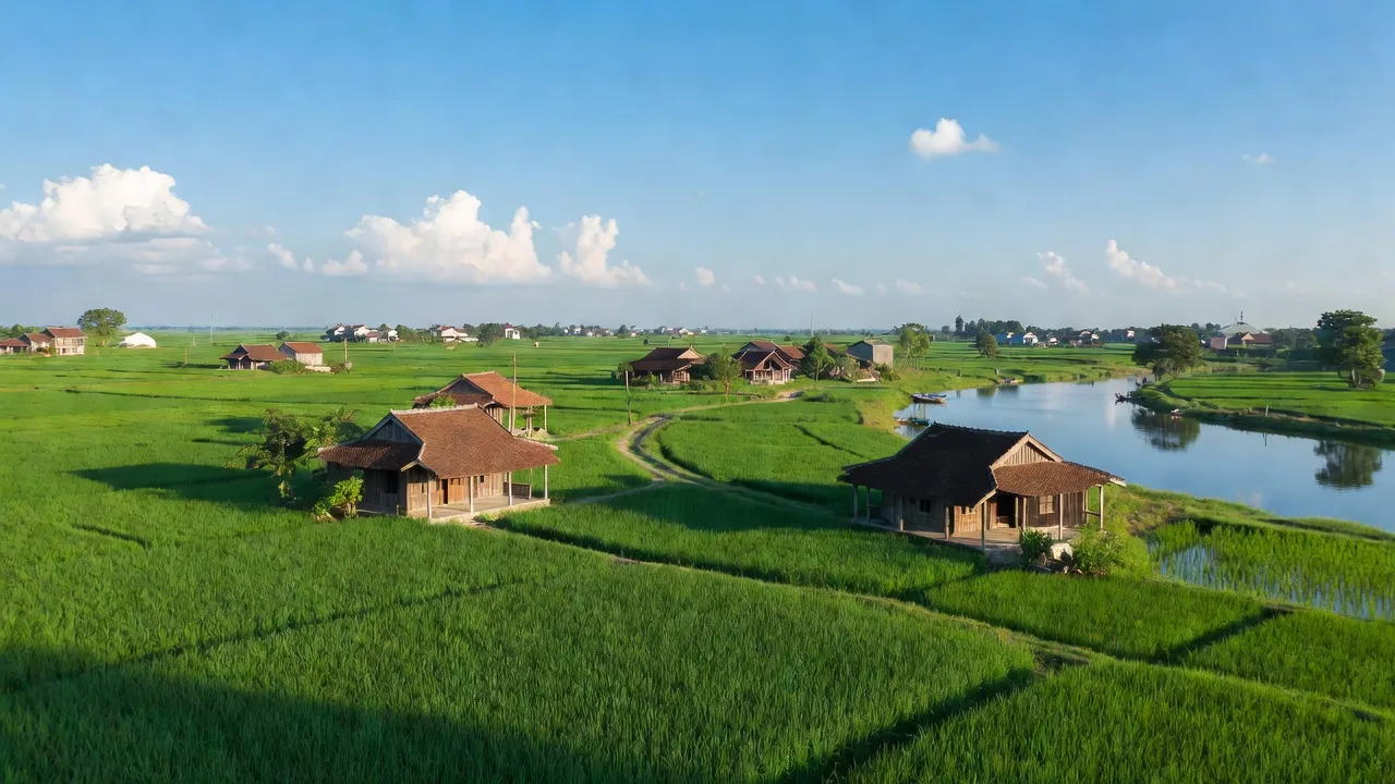 Quang cảnh Xã Mộ Đạo, Thị xã Quế Võ, Bắc Ninh với đồng xanh và nhà truyền thống.