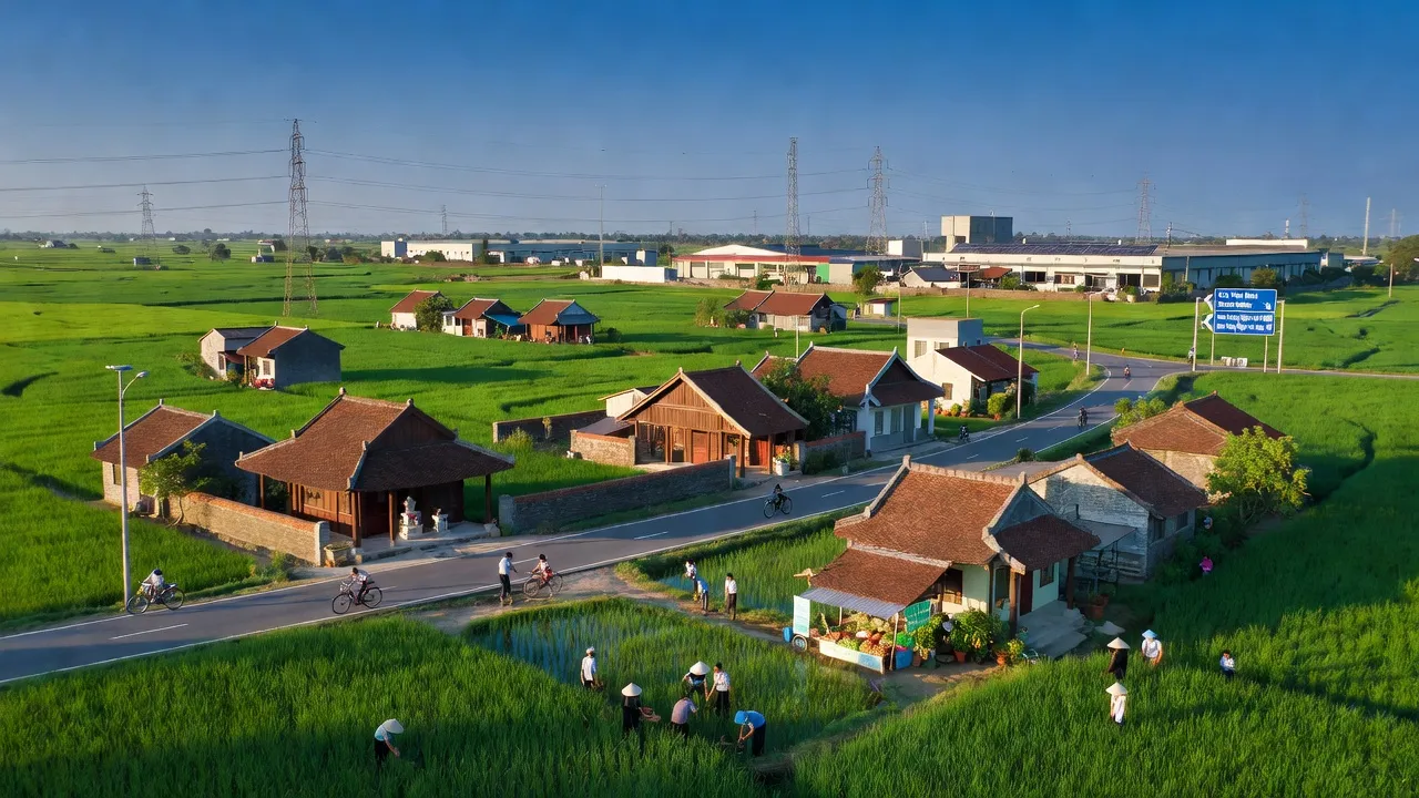 Khung cảnh xã Ngọc Xá, Thị xã Quế Võ, Bắc Ninh với nhà truyền thống và cánh đồng xanh.