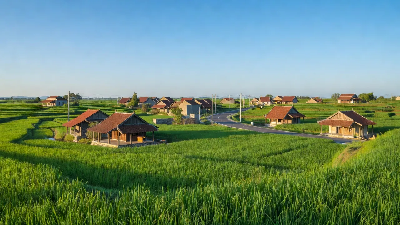 Ngọc Xá village in Quế Võ, Bắc Ninh with rice fields, traditional houses and clear sky.