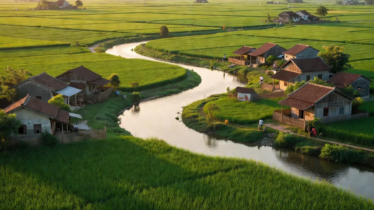 Phong cảnh xã Phù Lãng bên dòng sông Cầu, Bắc Ninh, với cánh đồng và nhà cửa dân cư.